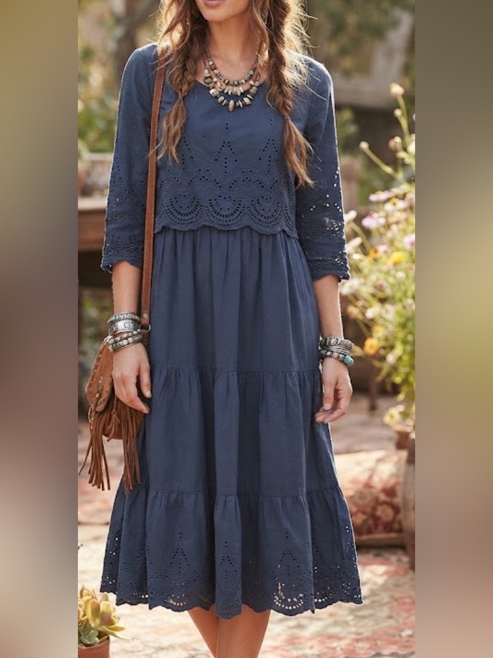 BELLA Bohemian Tiered Maxi Dress Eyelet Embroidered Cottagecore